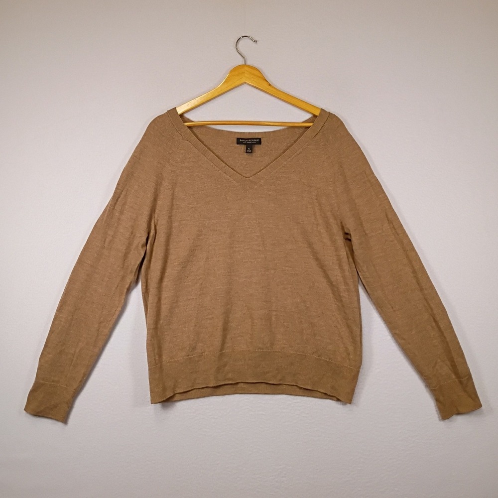 Minimalist Banana Republic Womens XL Brown 100% Merino Wool V-Neck Sweater
